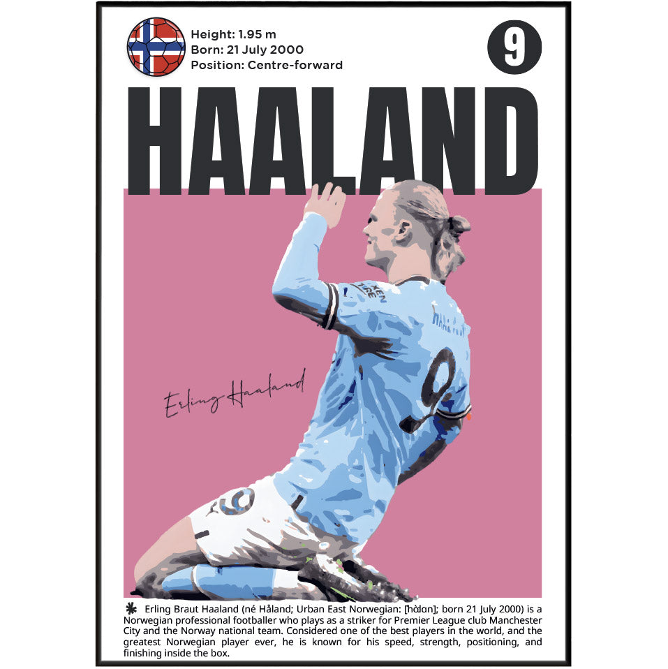 A vertical poster-style graphic featuring Ering Haaland with a large black 'HAALAND' title, a pink background, a stylized photo of the footballer in a light blue Manchester City jersey, a small Union Jack flag, and biographical text at the bottom.