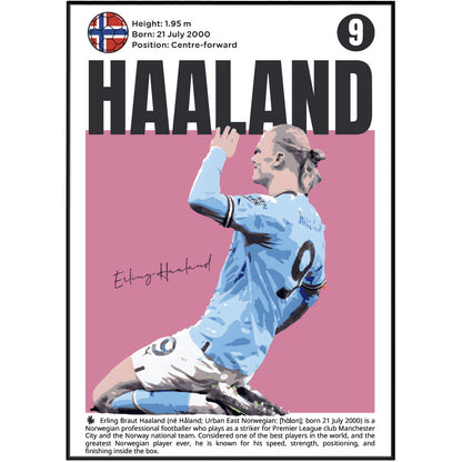 A vertical poster-style graphic featuring Ering Haaland with a large black 'HAALAND' title, a pink background, a stylized photo of the footballer in a light blue Manchester City jersey, a small Union Jack flag, and biographical text at the bottom.