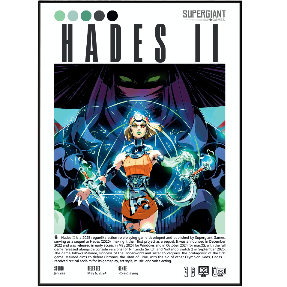 Hades II game poster — Melinoe Hecate Greek mythology roguelike wall art print UK
