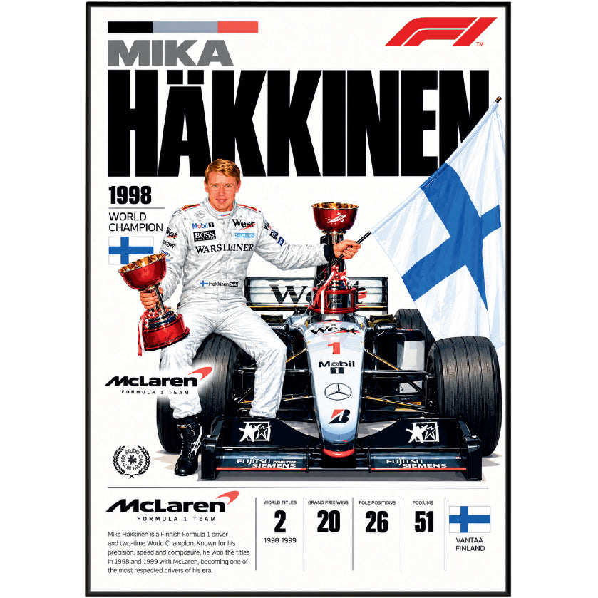 Mika Hakkinen Flying Finn Formula 1 world champion poster by 98types