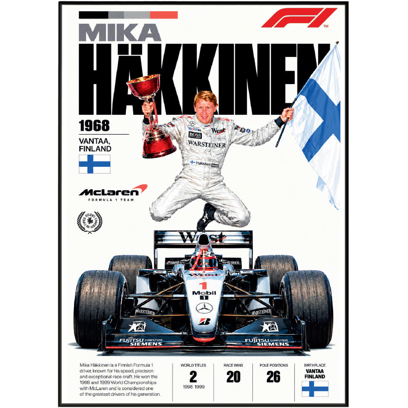 Mika Hakkinen Flying Finn Formula 1 world champion poster by 98types