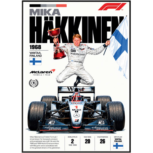 Mika Hakkinen Flying Finn Formula 1 world champion poster by 98types