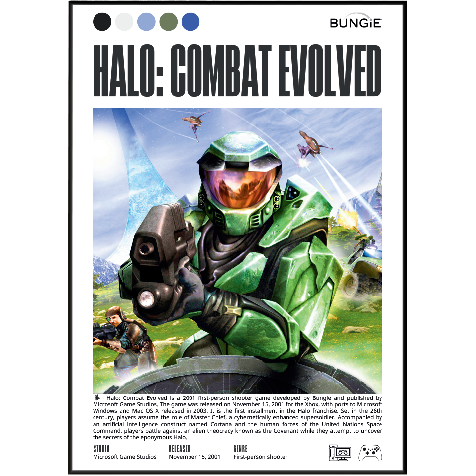 Halo Combat Evolved 2001 FPS poster — Master Chief Cortana Covenant Halo ring Xbox classic wall art print UK