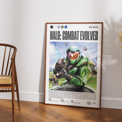 Halo Combat Evolved 2001 FPS poster — Master Chief Cortana Covenant Halo ring Xbox classic wall art print UK