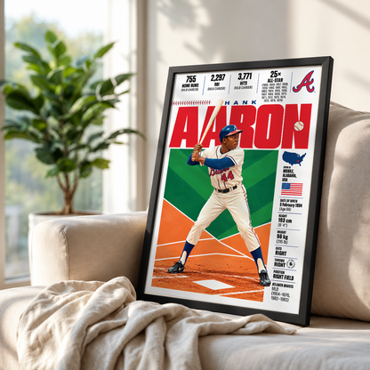 Hank Aaron poster, Atlanta Braves baseball wall art print in a home office - 98types