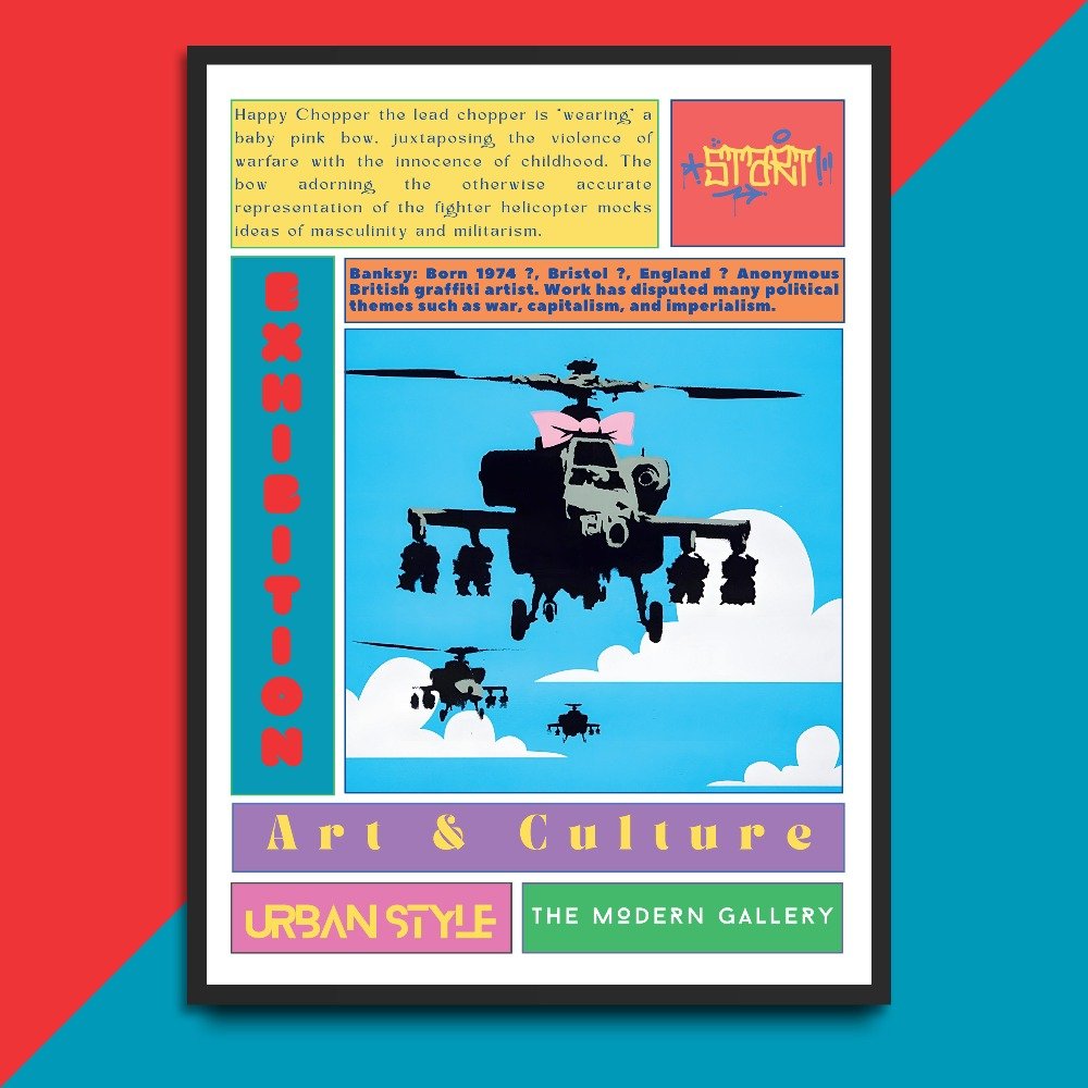 Happy Chopper street art poster — military helicopter with bow urban graffiti wall art print UK
 - 98types