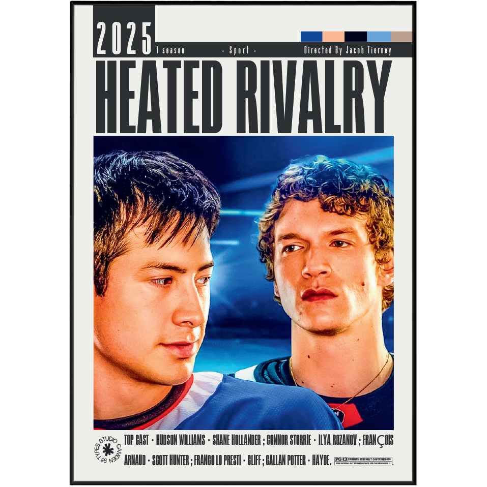 Movie poster for the 2025 film 'Heated Rivalry' directed by Josh Taylor, featuring close-up portraits of two young hockey players on a blue background with bold black title text.
