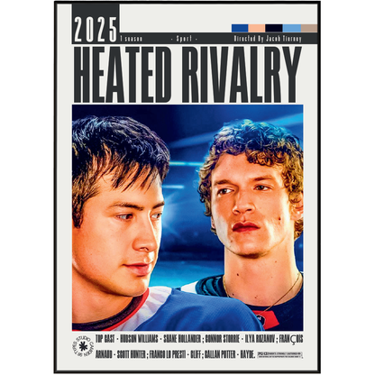 Movie poster for the 2025 film 'Heated Rivalry' directed by Josh Taylor, featuring close-up portraits of two young hockey players on a blue background with bold black title text.