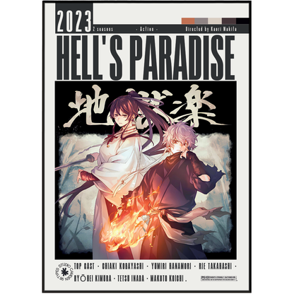 A book or magazine cover for '2023 HELL'S PARADISE' featuring anime-style artwork of two characters, one with dark hair and one with light hair, with flames and Japanese text on a mostly black and white background.
