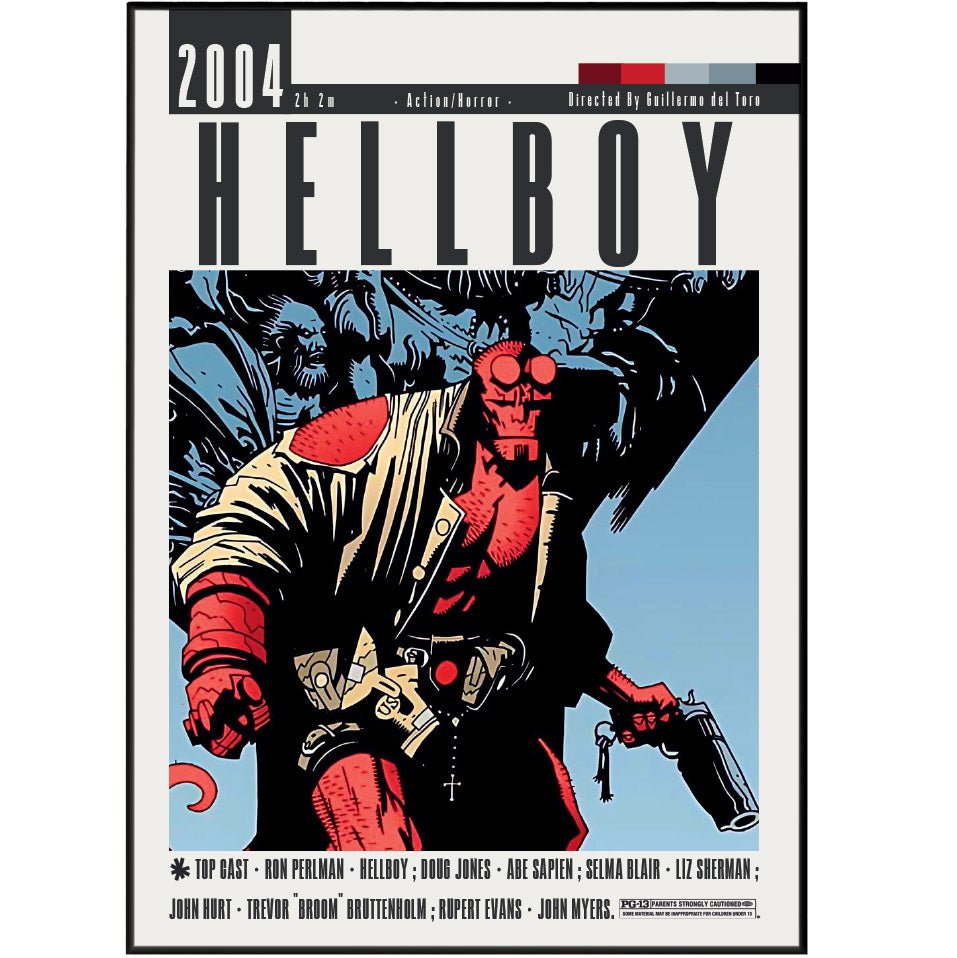 Hellboy 2004 horror action film poster — Guillermo del Toro Ron Perlman BPRD demon wall art print UK
