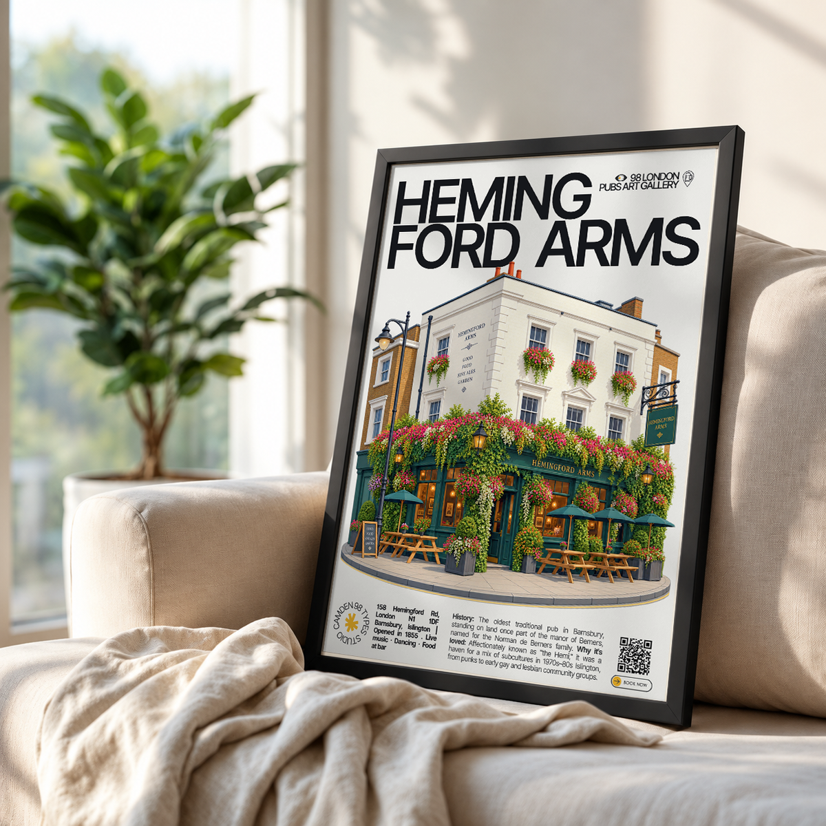 Hemingford Arms poster print Barnsbury, London | ivy-covered Victorian corner pub facade