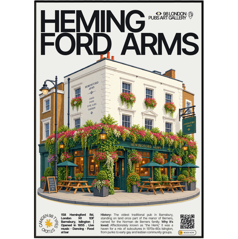 Hemingford Arms poster print Barnsbury, London | ivy-covered Victorian corner pub facade