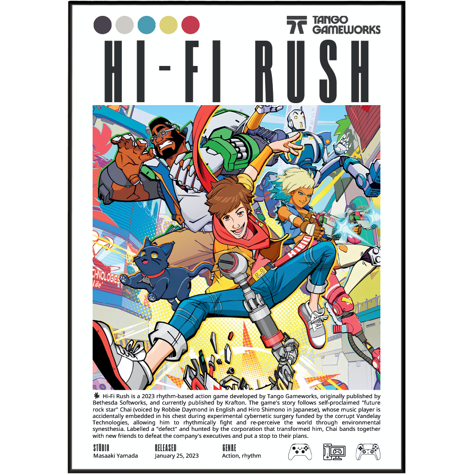 Tango Gameworks 'Hi-F-Rush' action game cover art poster featuring a colorful, dynamic illustration of characters racing on a track, with the title 'HI-F RUSH' in large black letters at the top and publisher/developer credits at the bottom.