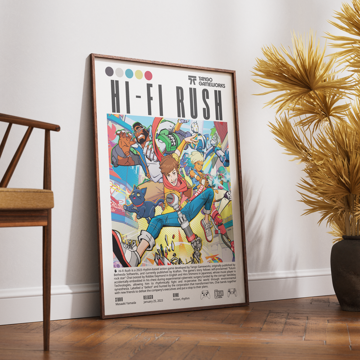 A framed anime poster titled 'HI-FI RUSH' leaning against a white wall on a wooden floor, with a wooden chair on the left and a potted palm on the right.