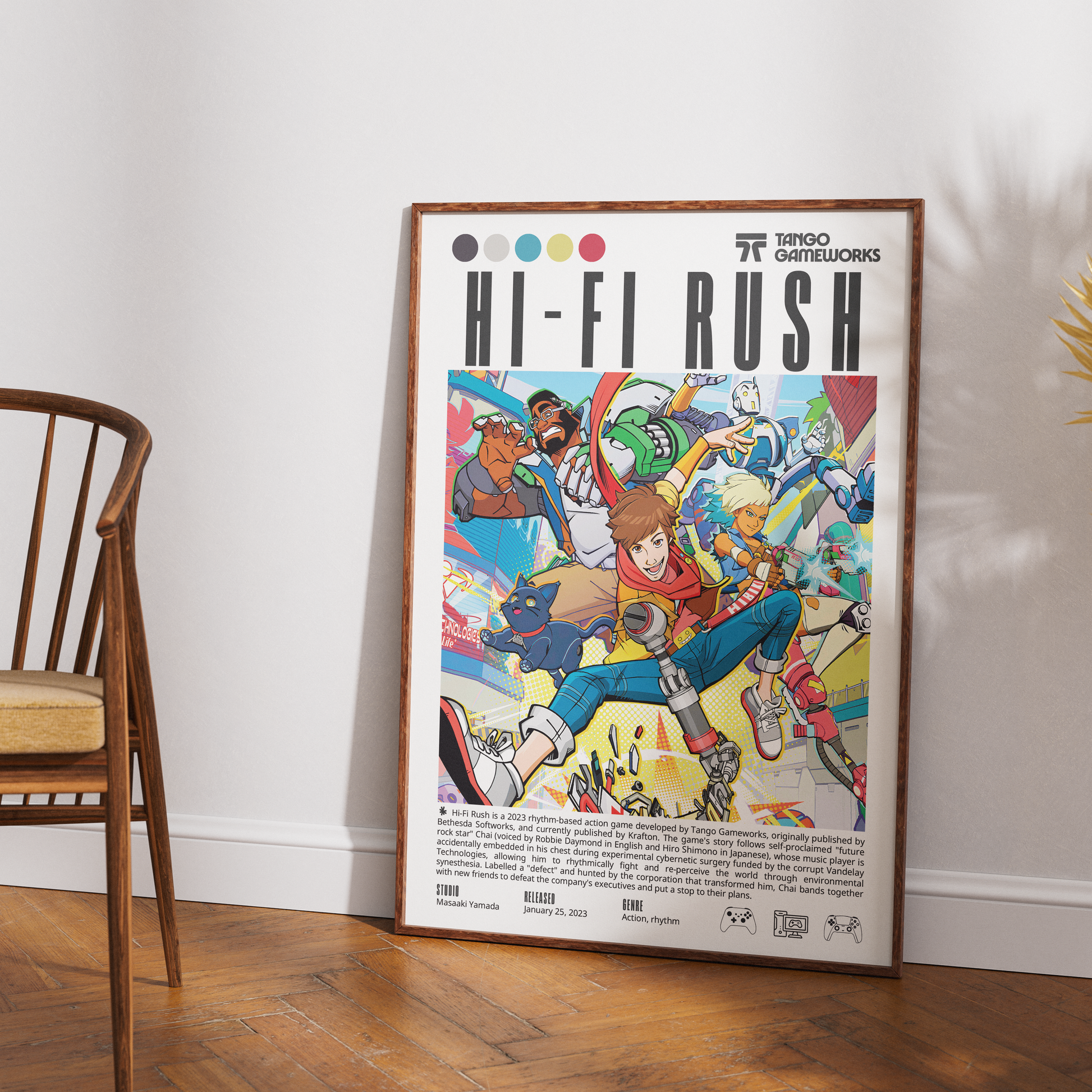 A framed anime poster titled 'HI-FI RUSH' leaning against a white wall on a wooden floor, with part of a wooden chair visible on the left.
