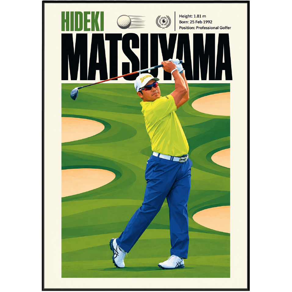 Hideki Matsuyama poster, Japanese golf wall art print in a home office - 98types