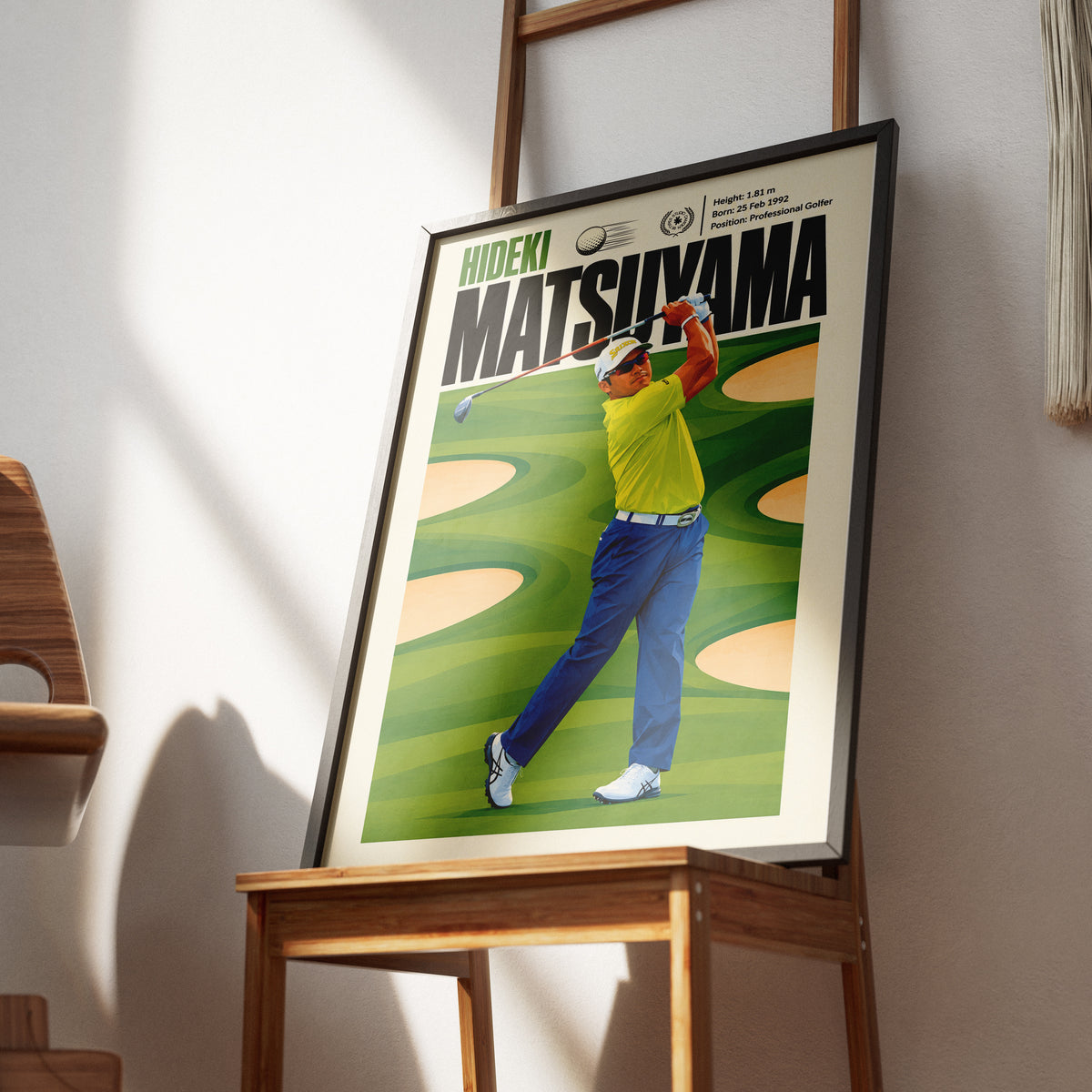 Hideki Matsuyama poster, Japanese golf wall art print in a home office - 98types