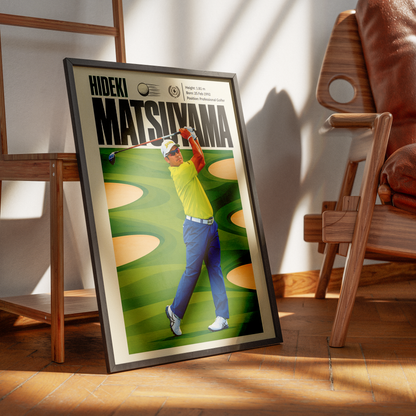 Hideki Matsuyama poster, Japanese golf wall art print in a home office - 98types