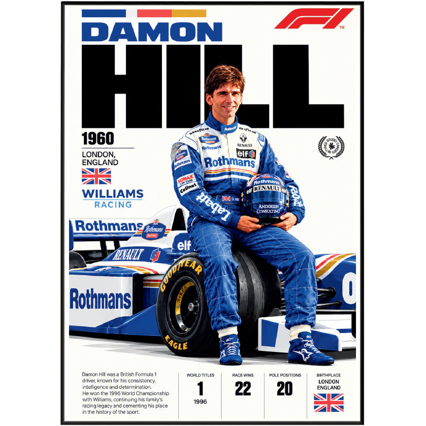Damon Hill 1996 world champion Formula 1 poster – retro F1 wall art