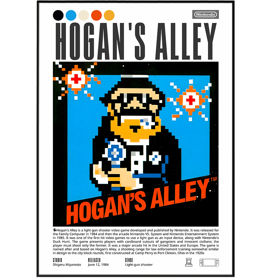 Hogan's Alley 1984 retro game poster — Nintendo NES Zapper shooting gallery wall art print UK

