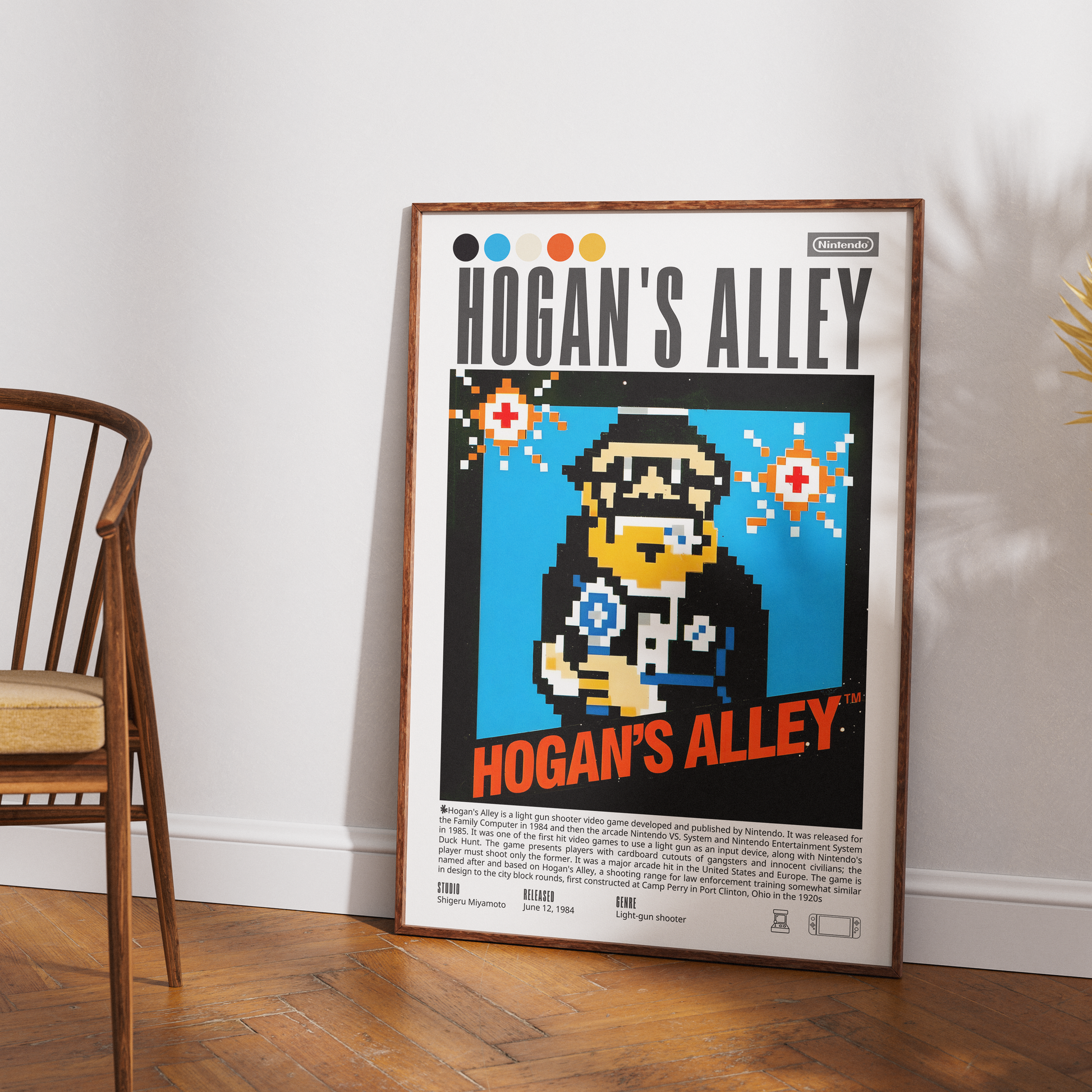Hogan's Alley 1984 retro game poster — Nintendo NES Zapper shooting gallery wall art print UK