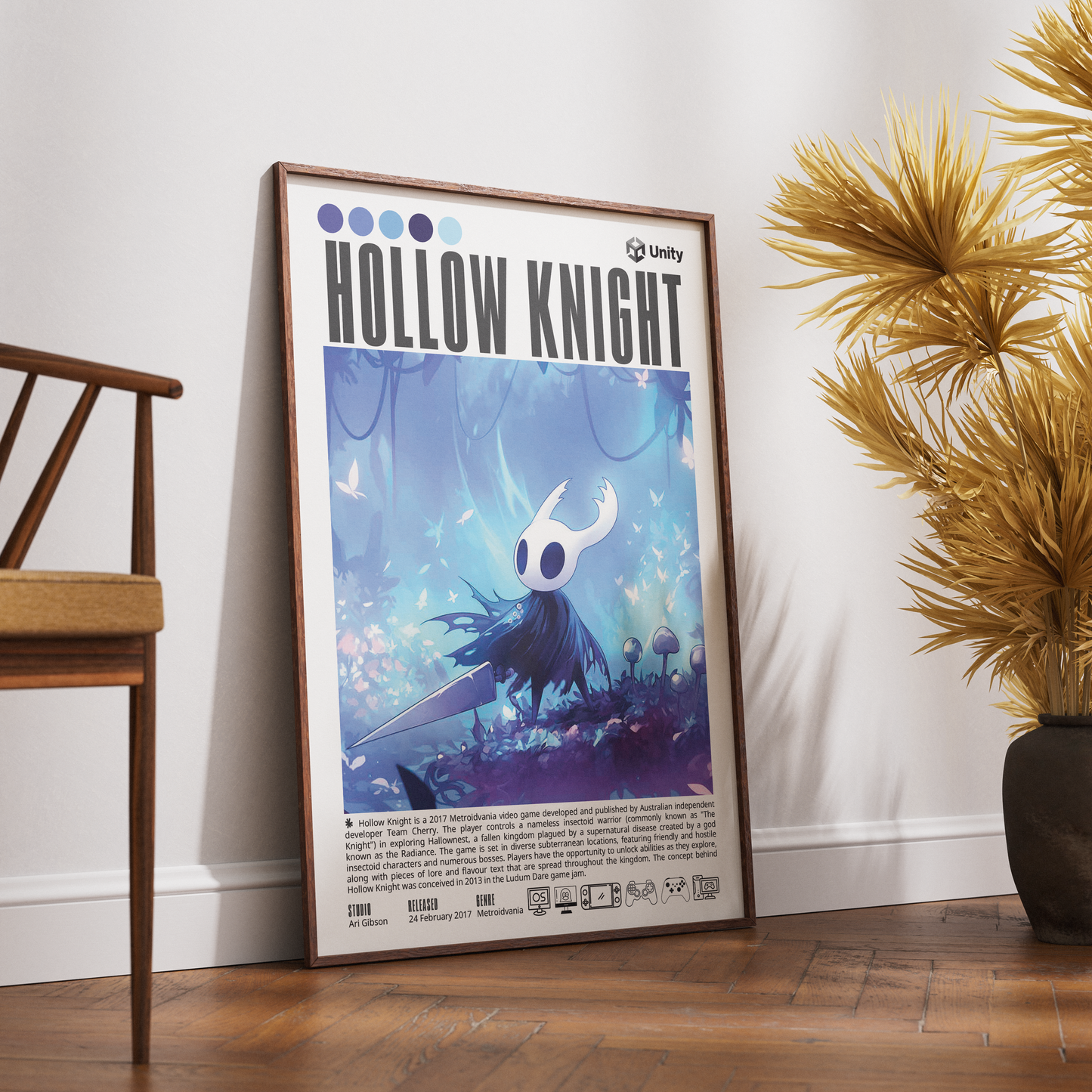 Hollow Knight 2017 game poster — Team Cherry Knight Hallownest metroidvania wall art print UK
