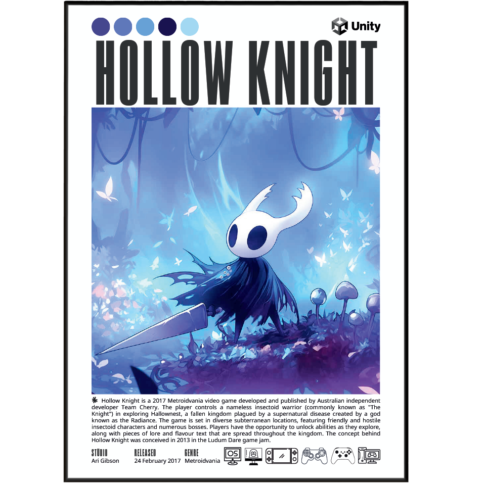 Hollow Knight 2017 game poster — Team Cherry Knight Hallownest metroidvania wall art print UK
