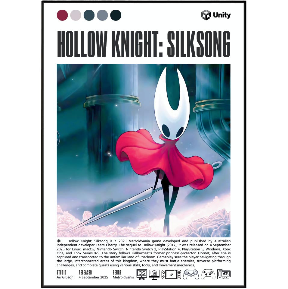 Hollow Knight Silksong video game poster — Team Cherry Hornet metroidvania wall art print UK
