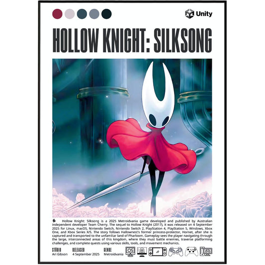 Hollow Knight Silksong video game poster — Team Cherry Hornet metroidvania wall art print UK
