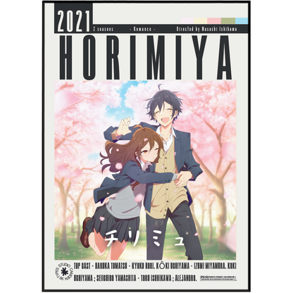 A vertical poster or cover-style artwork for the anime series Horimiya 2021, featuring illustrated characters in front of pink cherry blossom trees. Large black title text reads 'HORIMIYA' with '2021' at the top and cast names along the bottom.