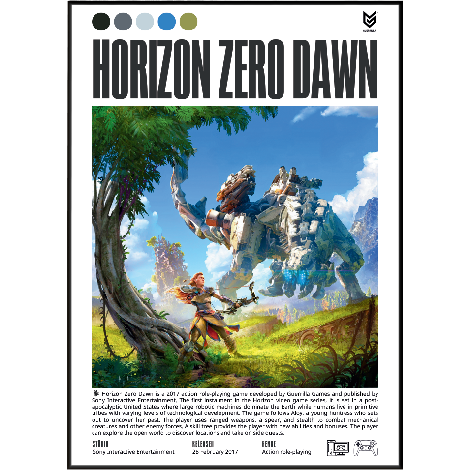 Front cover of the Horizon Zero Dawn board game box, featuring a colorful sci-fi landscape illustration with a large robot and a small robot character in a lush green valley under a blue sky. The title 'HORIZON ZERO DAWN' is printed at the top, with Sony Interactive Entertainment branding at the bottom.