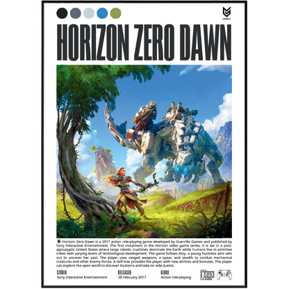 Front cover of the Horizon Zero Dawn board game box, featuring a colorful sci-fi landscape illustration with a large robot and a small robot character in a lush green valley under a blue sky. The title 'HORIZON ZERO DAWN' is printed at the top, with Sony Interactive Entertainment branding at the bottom.