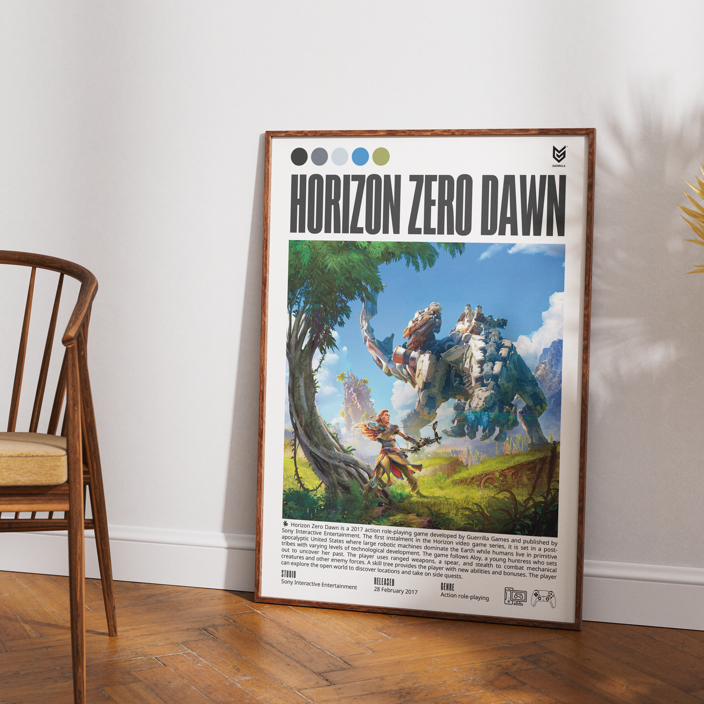 Horizon Zero Dawn 2017 action adventure poster — Aloy robotic dinosaurs tribal open world wall art print UK
