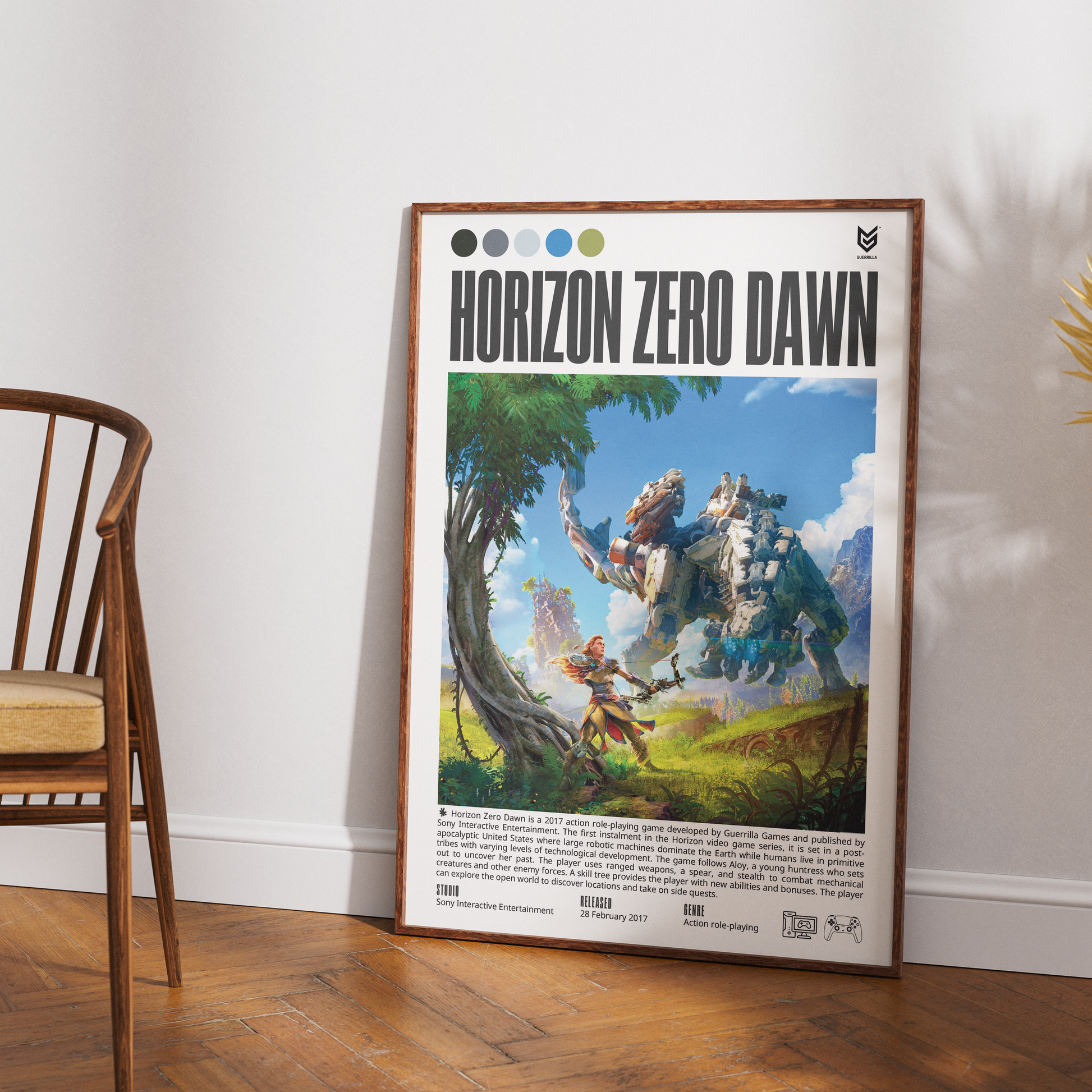 Horizon Zero Dawn 2017 action adventure poster — Aloy robotic dinosaurs tribal open world wall art print UK
