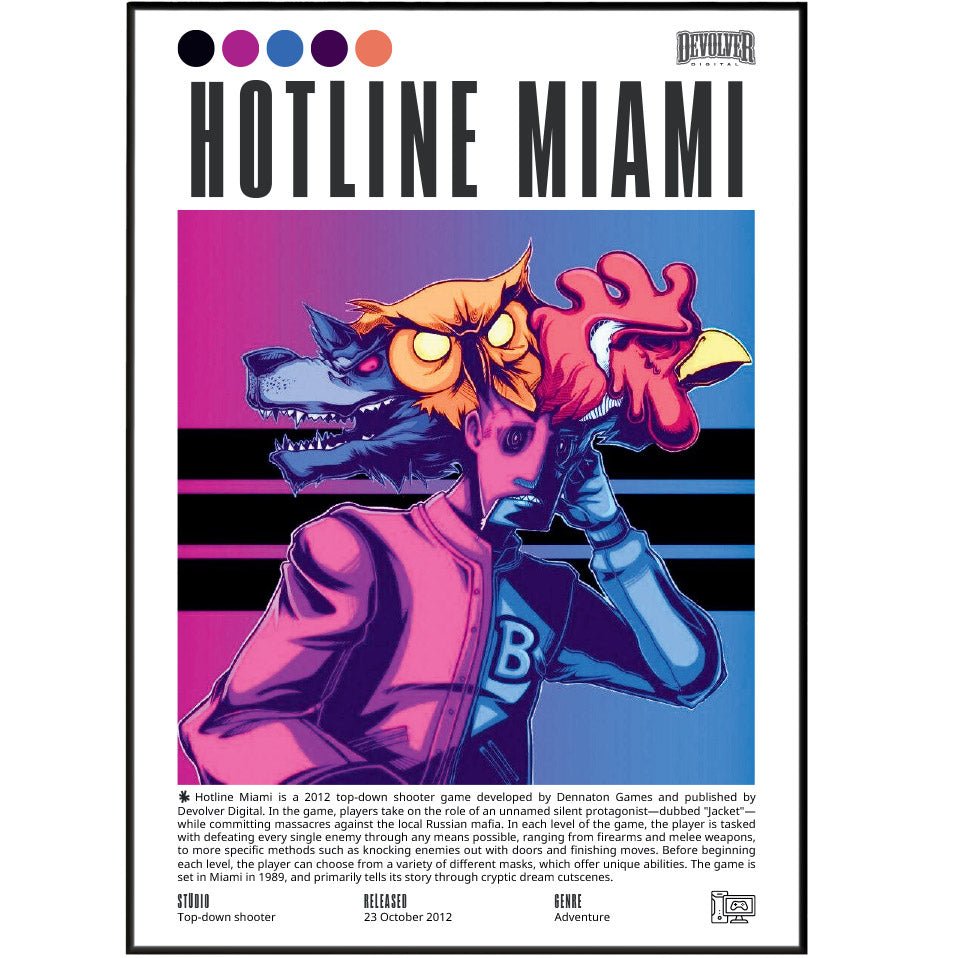 Hotline Miami 2012 game poster — Dennaton Jacket masks top-down action synth wall art print UK
 - 98types