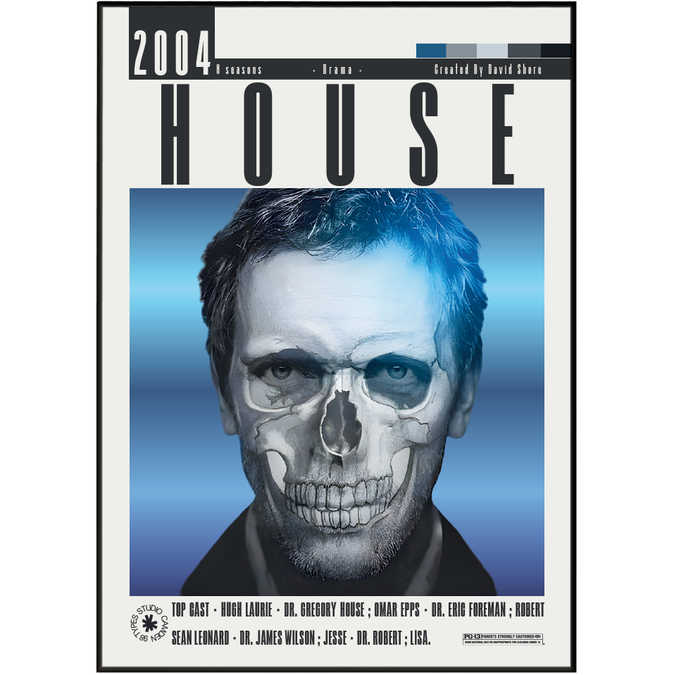 A square cover-style graphic for the 2004 documentary House, created by David Shore. The design features a large black title 'HOUSE' at the top, a central blue-toned portrait of a man with a skull face makeup/skull overlay, and a black border with small credits at the bottom.
