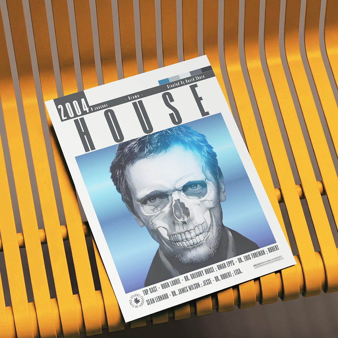 A printed magazine or album cover titled HOUSE lies on a yellow slatted chair. The cover features a stylized portrait with a skull face and blue lighting, plus visible text including '2004', 'LIVE', and track names along the bottom.