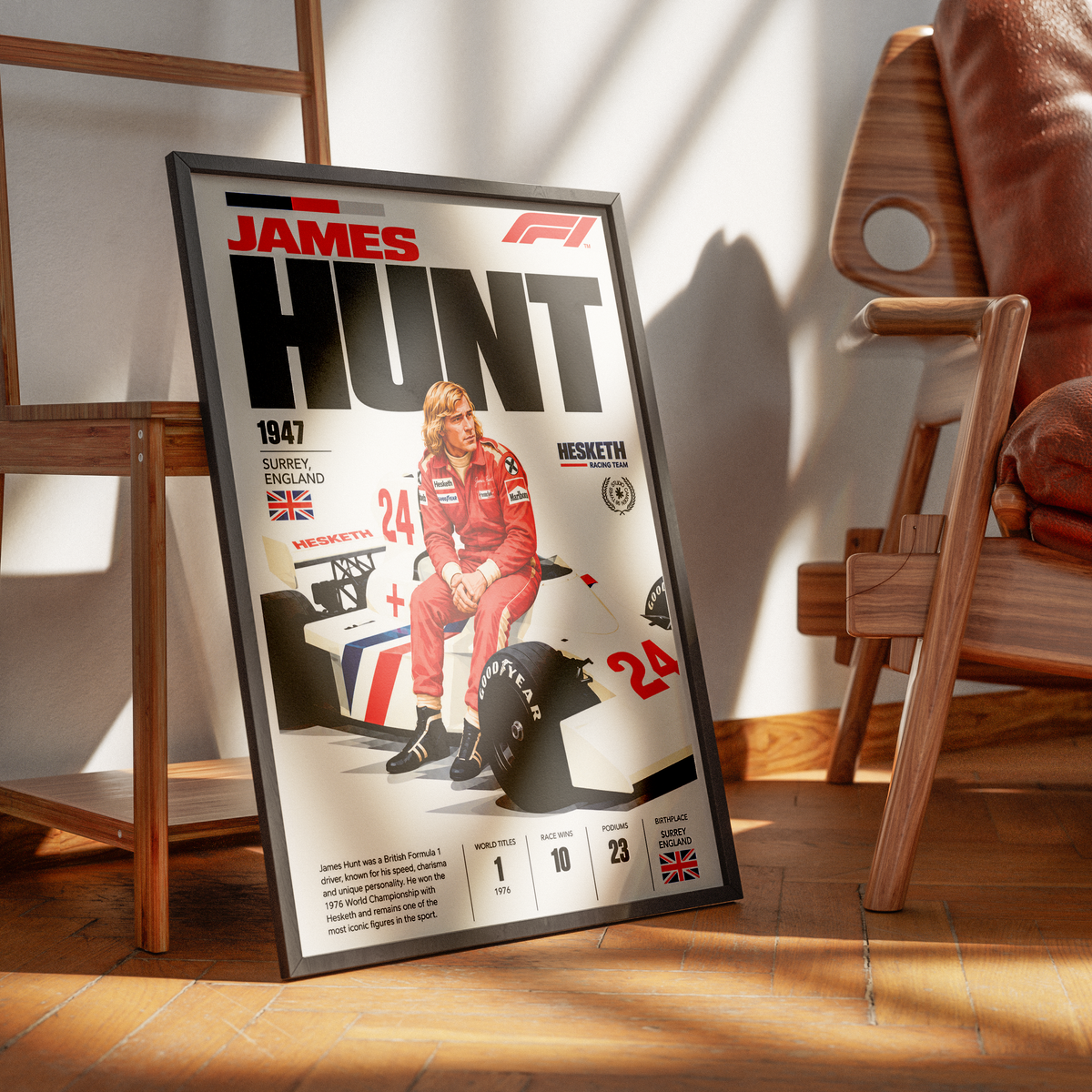 James Hunt 1976 world champion vintage Formula 1 poster by 98types