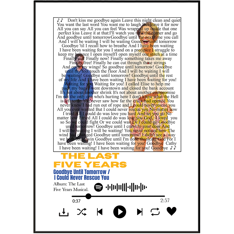 Album cover art for 'The Last Five Years' musical, featuring the song 'Goodbye Until Tomorrow / I Could Never Recces You' with a black background, white text, and yellow title text.