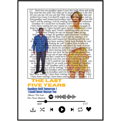 Album cover art for 'The Last Five Years' musical, featuring the song 'Goodbye Until Tomorrow / I Could Never Recces You' with a black background, white text, and yellow title text.
