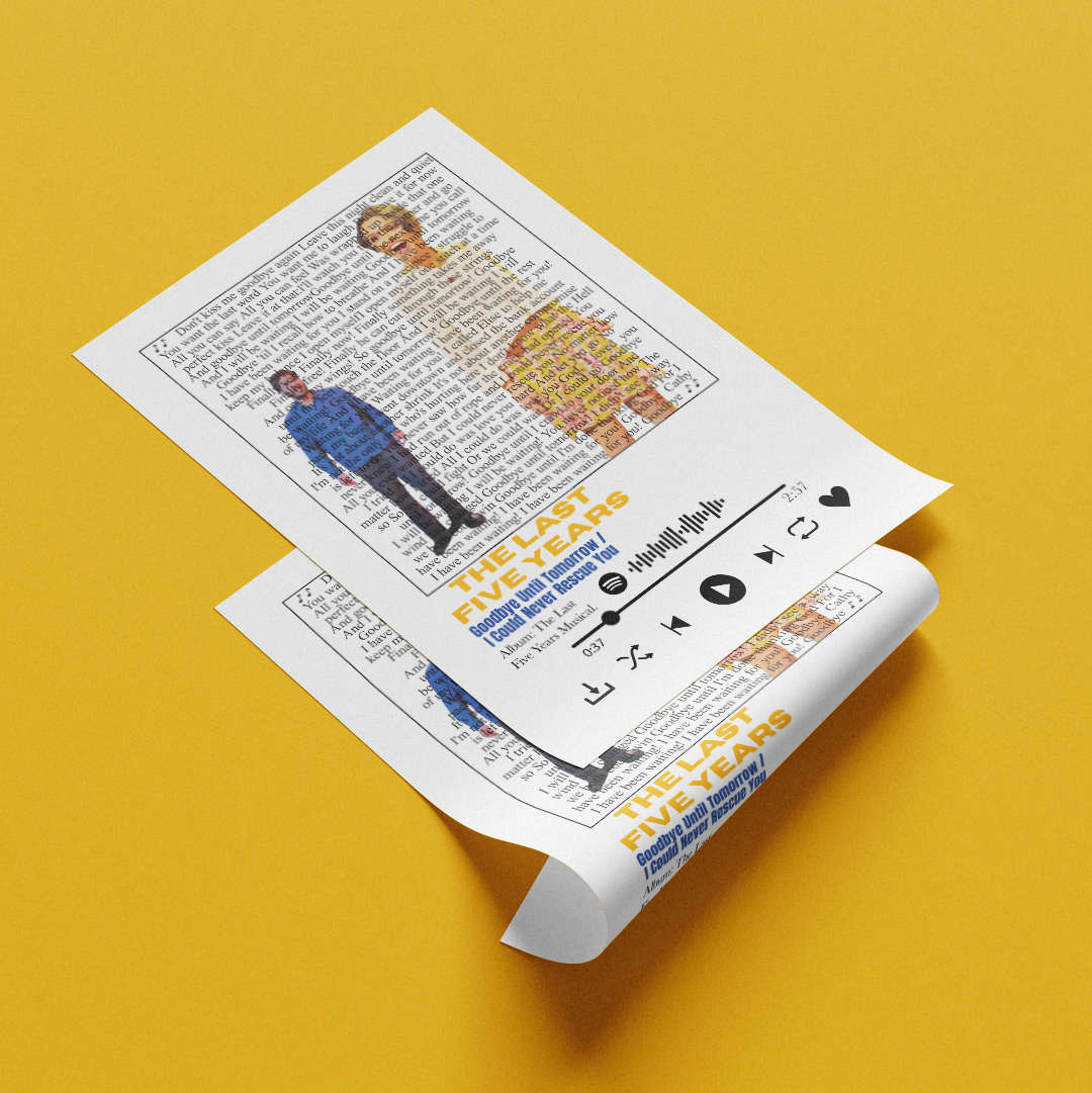 Two printed paper sheets with a collage-style portrait made from text and small photos, arranged on a solid yellow background. One sheet is upright and the other is curled at the bottom, showing black interface-like icons and the text 'THE LAST FIVE YEARS' and '5 Years of Love'.