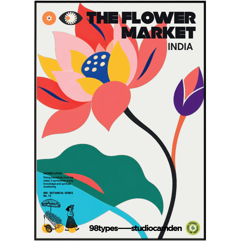 The Flower Market India Sacred Lotus botanical poster print UK — national flower ancient symbol graphic wall art 260gsm printed in England Camden Market