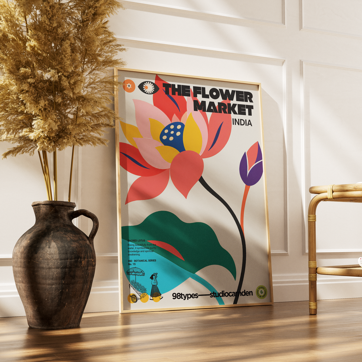 The Flower Market India Sacred Lotus botanical poster print UK — national flower ancient symbol graphic wall art 260gsm printed in England Camden Market