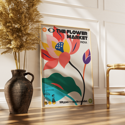 The Flower Market India Sacred Lotus botanical poster print UK — national flower ancient symbol graphic wall art 260gsm printed in England Camden Market