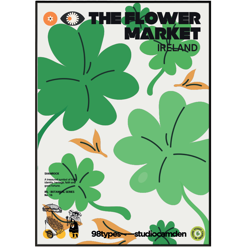 The Flower Market Ireland Shamrock botanical poster print UK — national emblem St Patrick graphic wall art 260gsm printed in England Camden Market