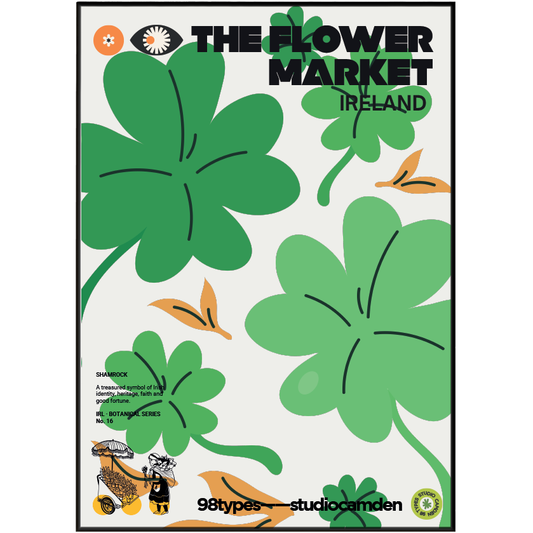 The Flower Market Ireland Shamrock botanical poster print UK — national emblem St Patrick graphic wall art 260gsm printed in England Camden Market