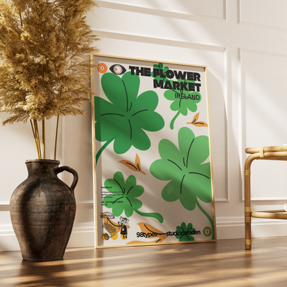 The Flower Market Ireland Shamrock botanical poster print UK — national emblem St Patrick graphic wall art 260gsm printed in England Camden Market