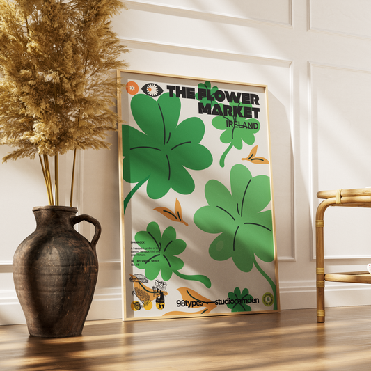 The Flower Market Ireland Shamrock botanical poster print UK — national emblem St Patrick graphic wall art 260gsm printed in England Camden Market