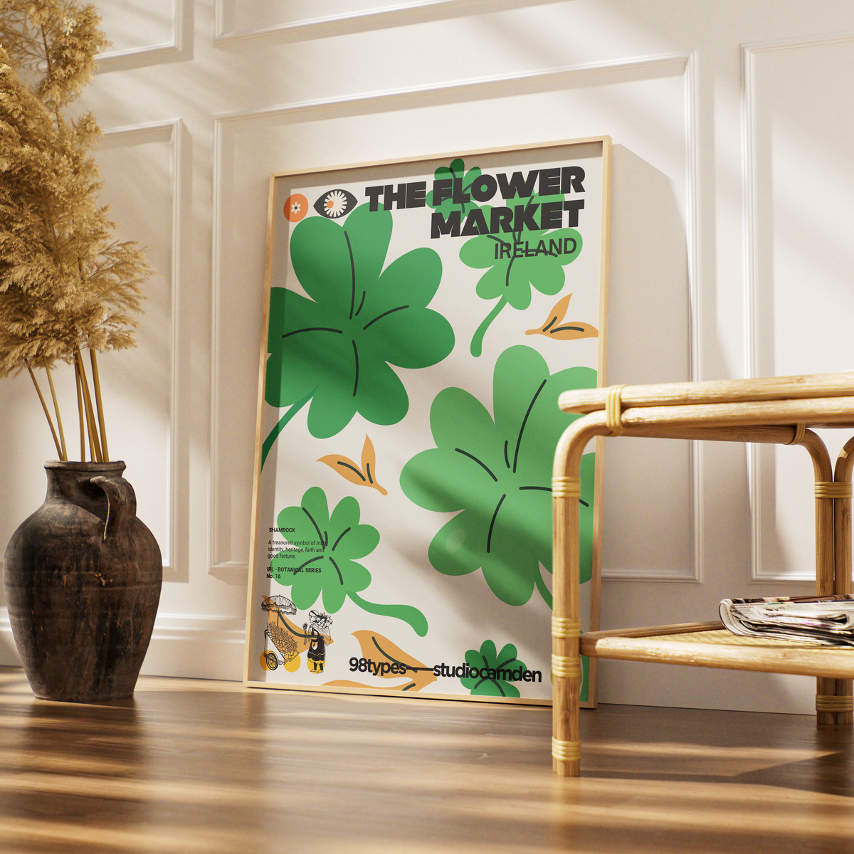 The Flower Market Ireland Shamrock botanical poster print UK — national emblem St Patrick graphic wall art 260gsm printed in England Camden Market
