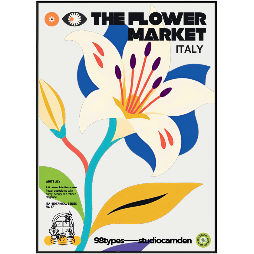 The Flower Market Italy White Lily Madonna Lily botanical poster print UK — Italian Renaissance emblem graphic wall art 260gsm printed in England Camden Market